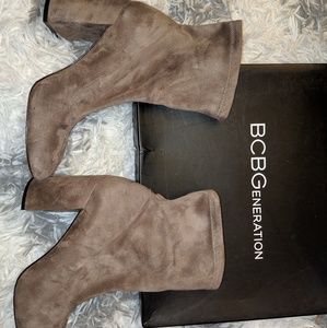 BCBG Suede Booties in Taupe